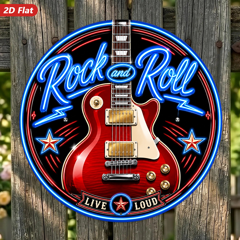 TEMU 2d Flat, 1pc Round Metal Sign Wall Art, Rock And Roll Themed Neon Sign Home Decor, , Star Elements, , For Living Room, Bar, Music Room,