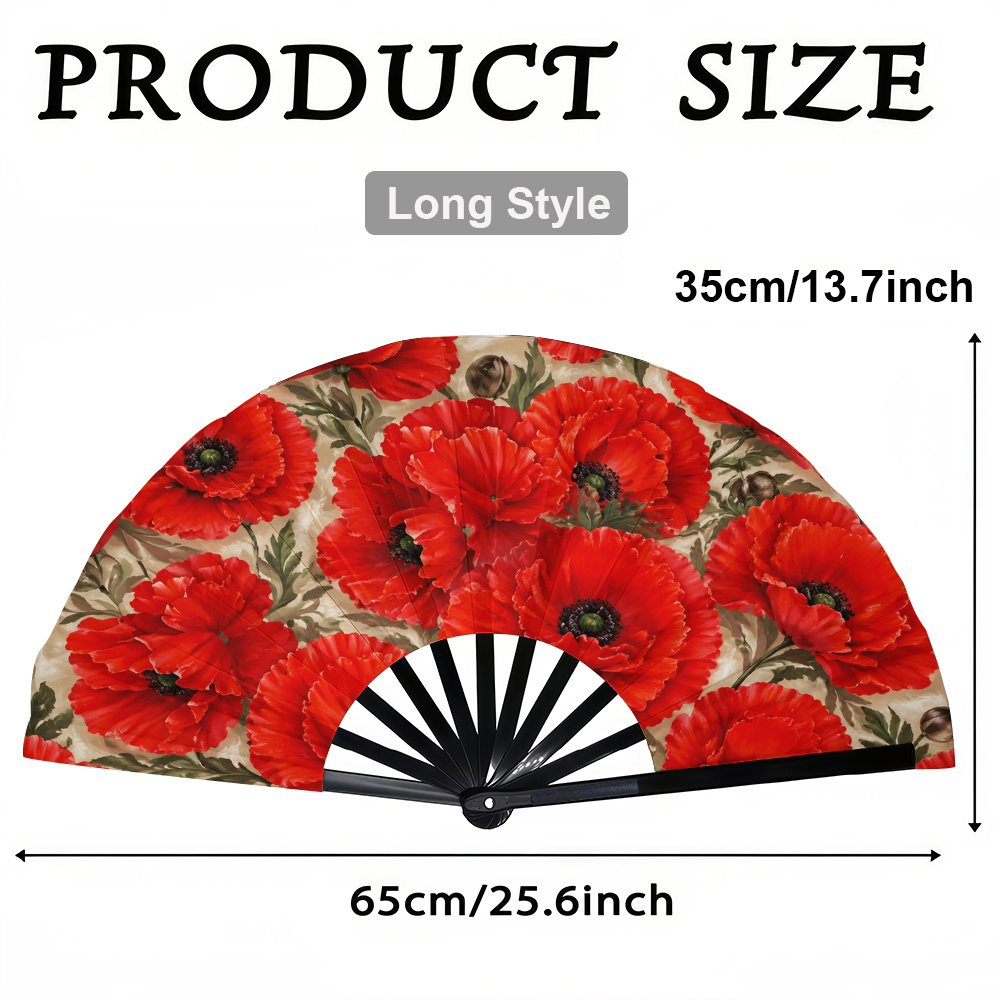 TEMU 1pc Women's Folding Fan, Vibrant Red Poppy Floral Pattern, Fashionable Folding Fan, Summer Folding Fan, Holiday Gift, Birthday Gift Folding Fan,