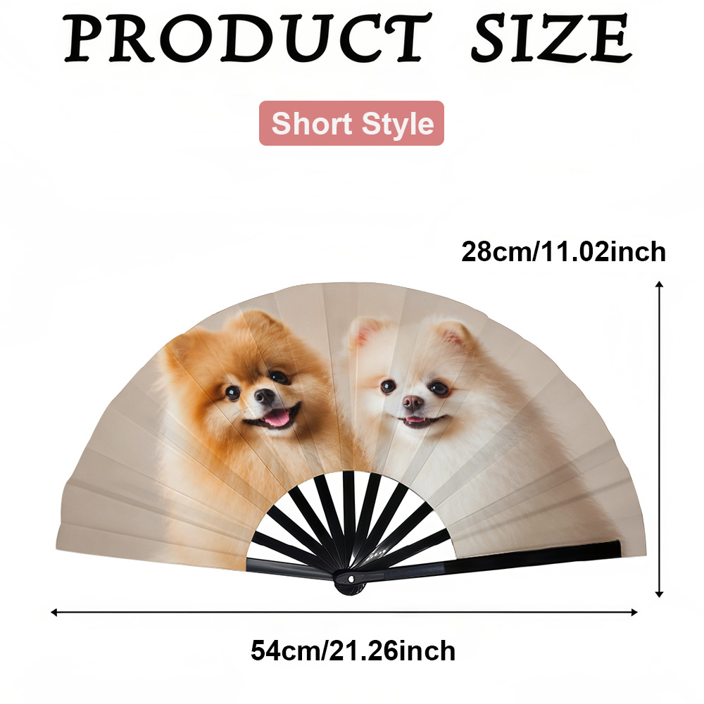 TEMU A Women's Folding Fan Featuring An Adorable Soft-style Pomeranian Print, A Stylish Hand-held Folding Fan, Perfect For Trendy Party And Music