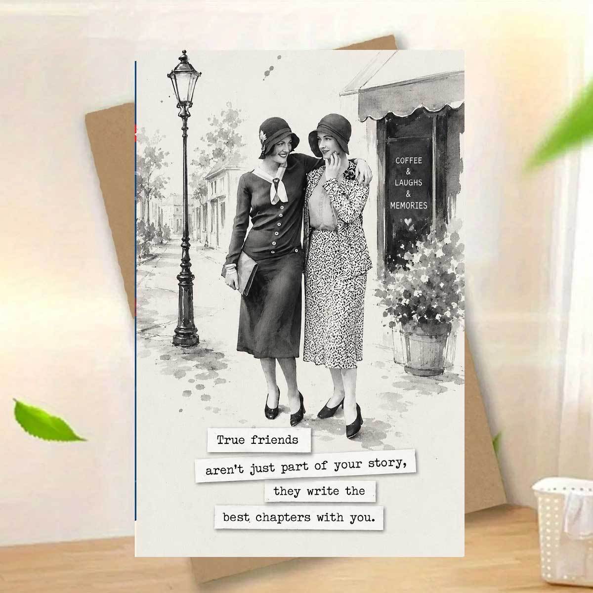 TEMU 1set(an Envelope And A Card) Vintage Elegant Friendship Greeting Card, 2 Stylish Women Walking, Friendship Day, Write The Best , Retro , For ,
