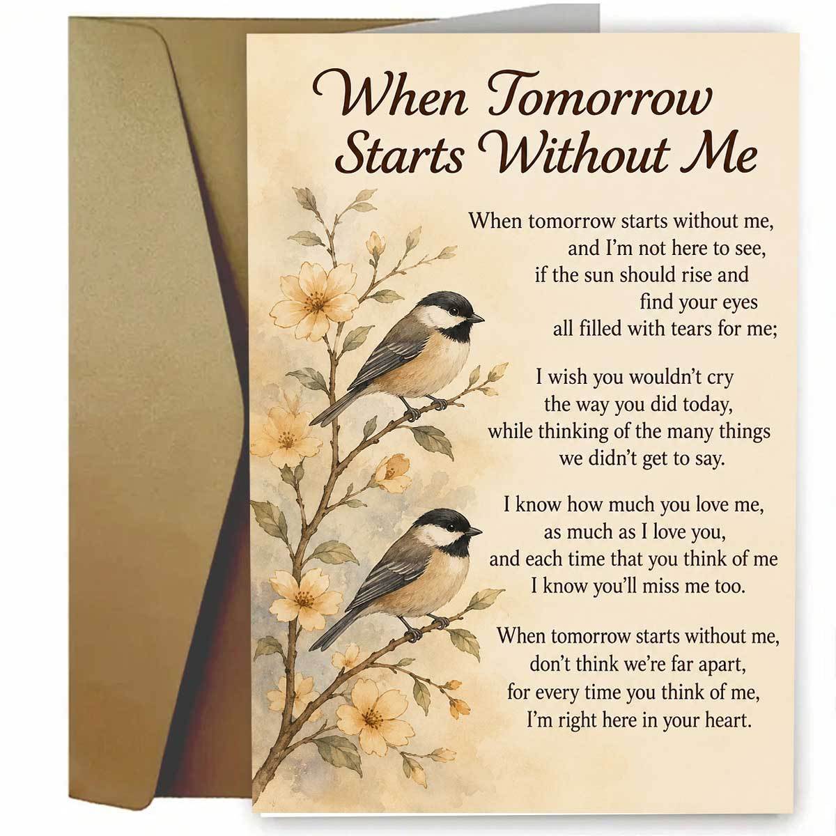 TEMU 1set(an Envelope And A Card) Elegant Watercolor Chickadee Sympathy Card, When Tomorrow Starts Without Me Poem, Birds On Floral Branch, Memorial