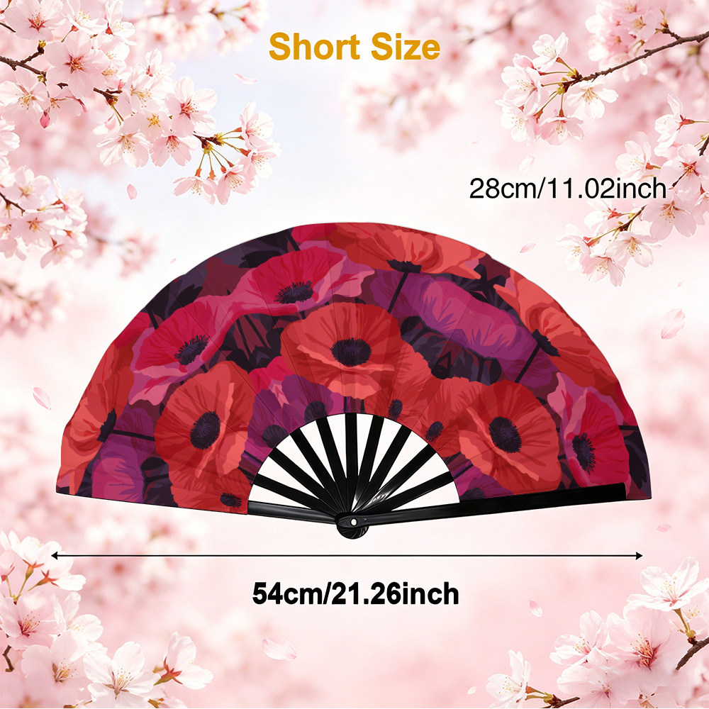 TEMU Éventail Pliant Fleur de Coquelicot - Rétro Adapté pour l'Été, Ventilateur de Refroidissement Léger et Portable aux Couleurs Rouge et Violet,