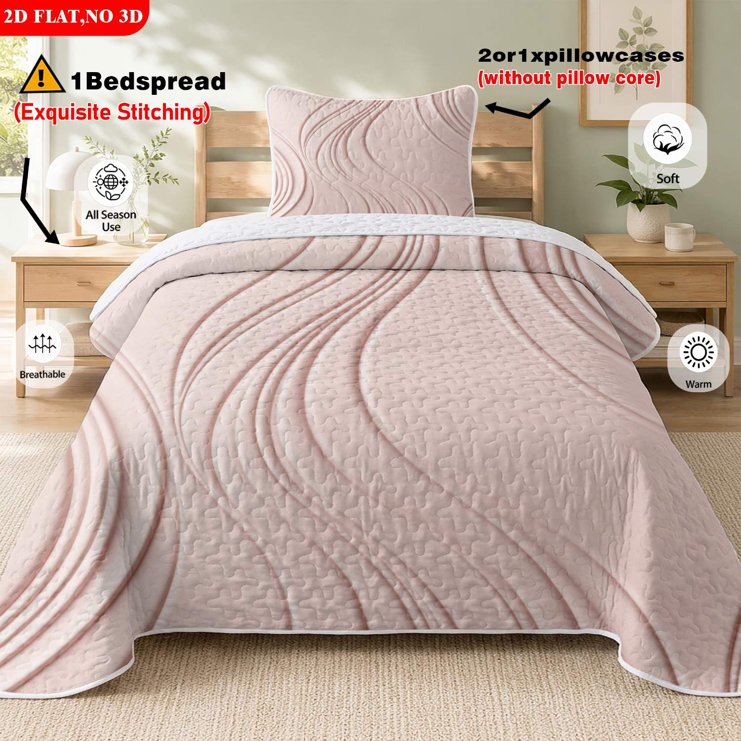 TEMU 2/3pcs 2d Flat Print Modern Minimalist Bed Cover Set With Abstract Wave Pattern, Multiple Sizes , Festive Decorative Bedding Ideal For Bedroom