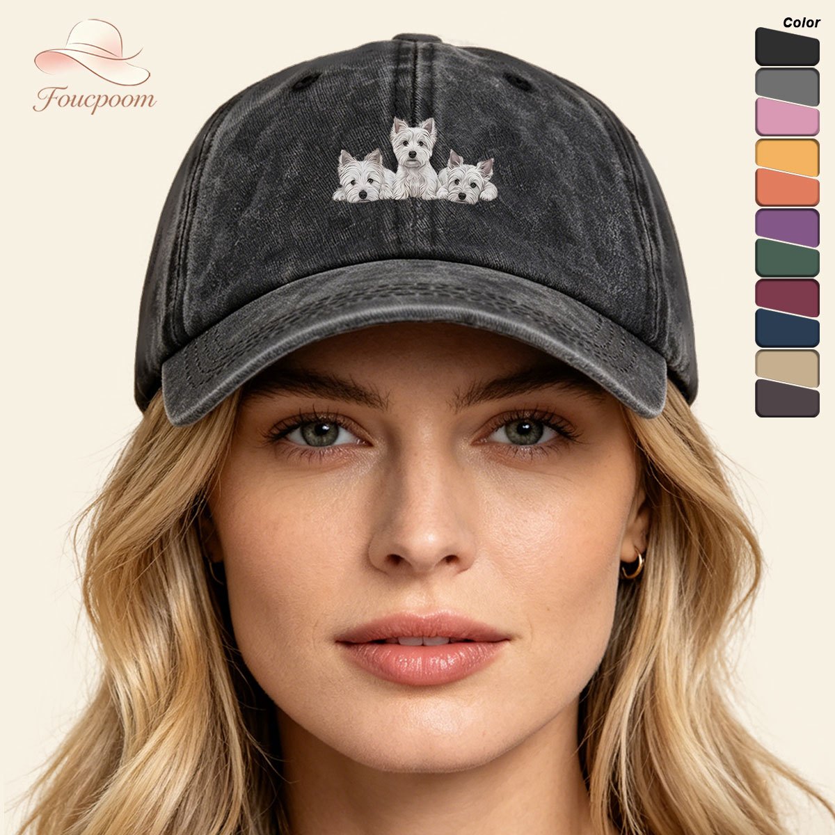 TEMU 1pc Baseball Cap With 3 Cute West Highland Dog Print Hats, Soft, Skin-friendly, Breathable, Fashionable, Cute, Age-reducing, Unisex, Versatile