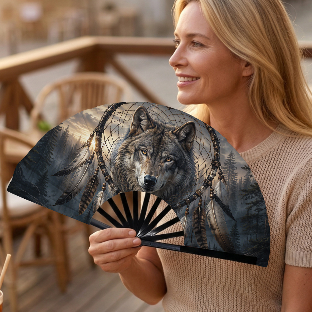 TEMU [ Product] 1pc, Wolf Head Printed Women's Portable Hand Fan, Folding Fan, Suitable For Summer Hot Weather, Music Festivals, Rave Parties,