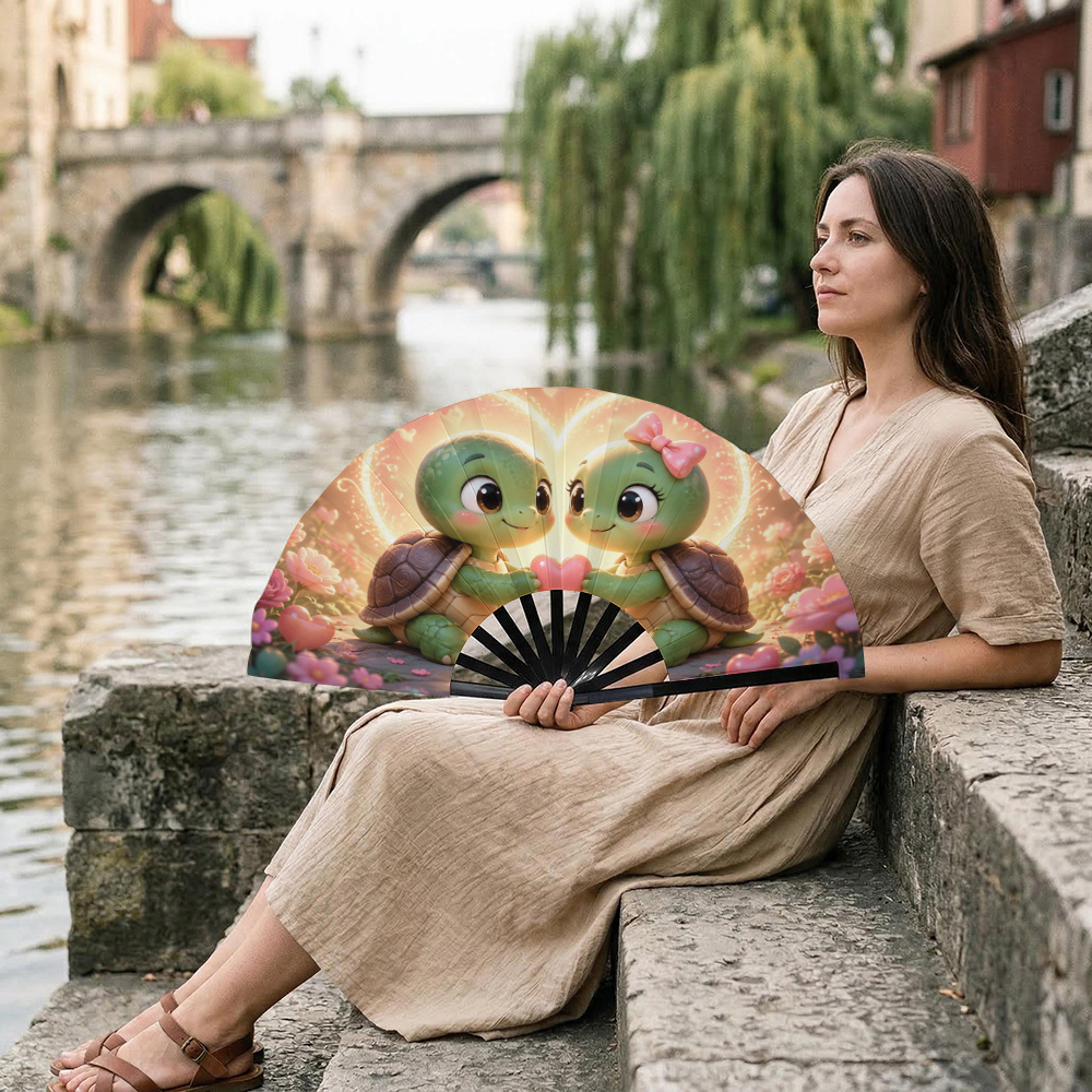 TEMU 1pc Women's Bohemian Portable Handheld Folding Fan With Double Turtle Heart Floral Print & Suitable For Summer, Parties, Weddings, Tai Chi -