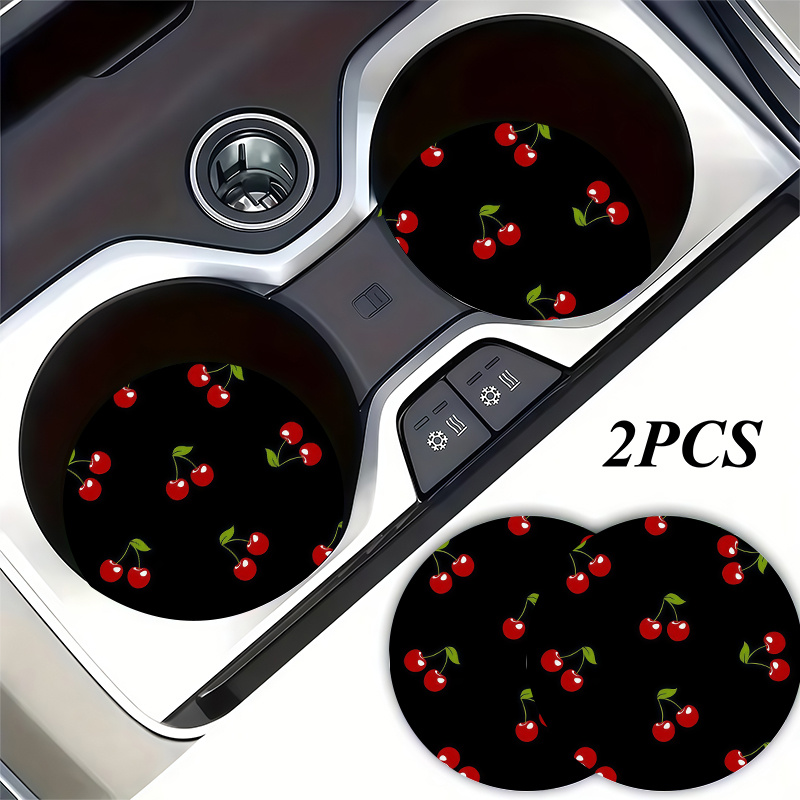 TEMU 2pcs Cute Cherry With Green Leaf Background Cup Holder Coaster, Car Interior Decor, Vehicle Accessory, Non-slip Vehicle Beverage Mat For Woman