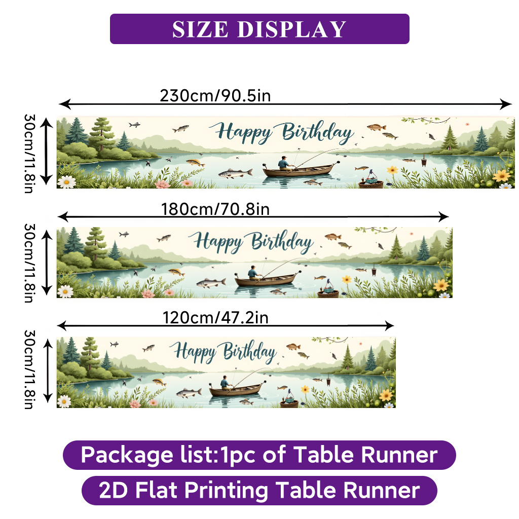 TEMU Chemin de pièce à impression 2D à plat, chemin de table rectangulaire décoratif en polyester avec scène de pêche d'anniversaire, pour