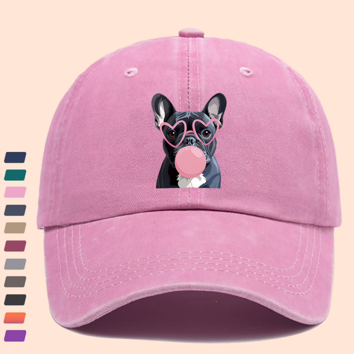 TEMU 1pc Blue-black French Bulldog Wearing Pink Heart-shaped Glasses And Blowing Gum Printed Baseball Cap, Fashionable Pattern Hat, Unisex Adjustable