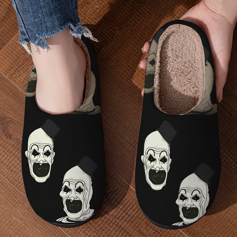 TEMU Creative Horror Clown Print Unisex Home Slippers, Featuring Eerie Clown Patterns On A Black Background. Slippers For Spring And Autumn,