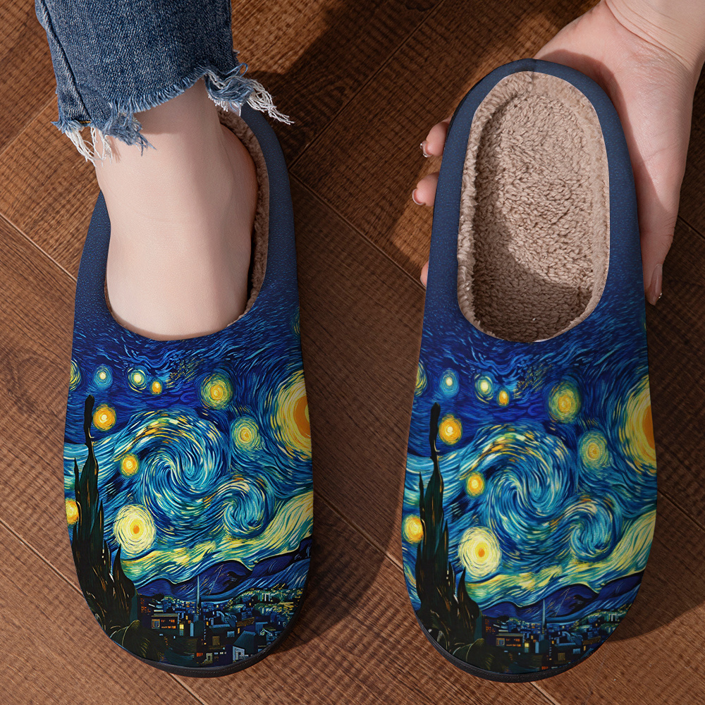 TEMU Van Starry Night Pattern Comfortable Unisex Home Slippers, Slippers For Spring And Autumn, Breathable House Shoes For Home, Soft Fabric, Women's