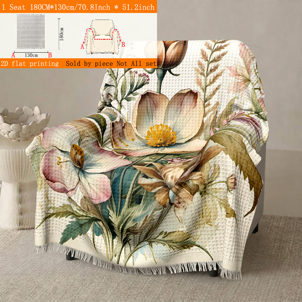 TEMU 1pc Sofa Cover, 2d Flat Printing Retro Watercolor Floral Waffle Sofa Pad, -one Sofa Cover With Tassels, Sofa Protector, Suitable For 1-4 Seater