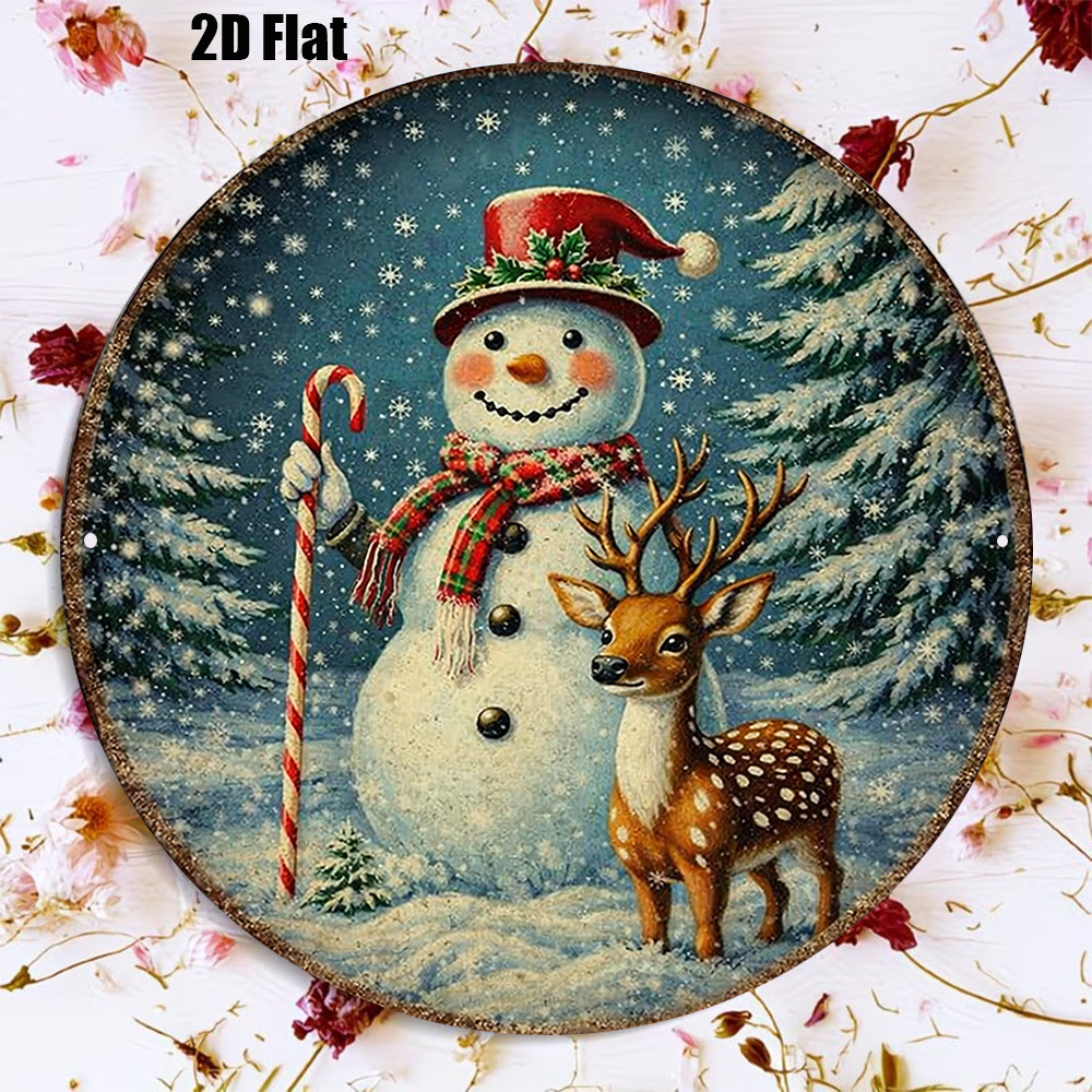 1개 8*8인치/20X20cm 2D 평면 원형 간판, 크리스마스 눈사람 reindeer 빈티지 플래크, 크리스마스 겨울 눈 장면 장식 간판, 크리스마스 장식, 거실 장식 또는 새해 선물로 적합