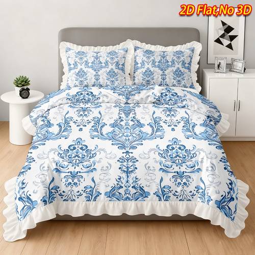 item picture 2 3pcs 2d flat printing spring summer new arrival blue and white vintage pattern ruffle design duvet cover set multiple sizes soft and machine washable suitable for bedrooms guest rooms dormitories and guesthouses