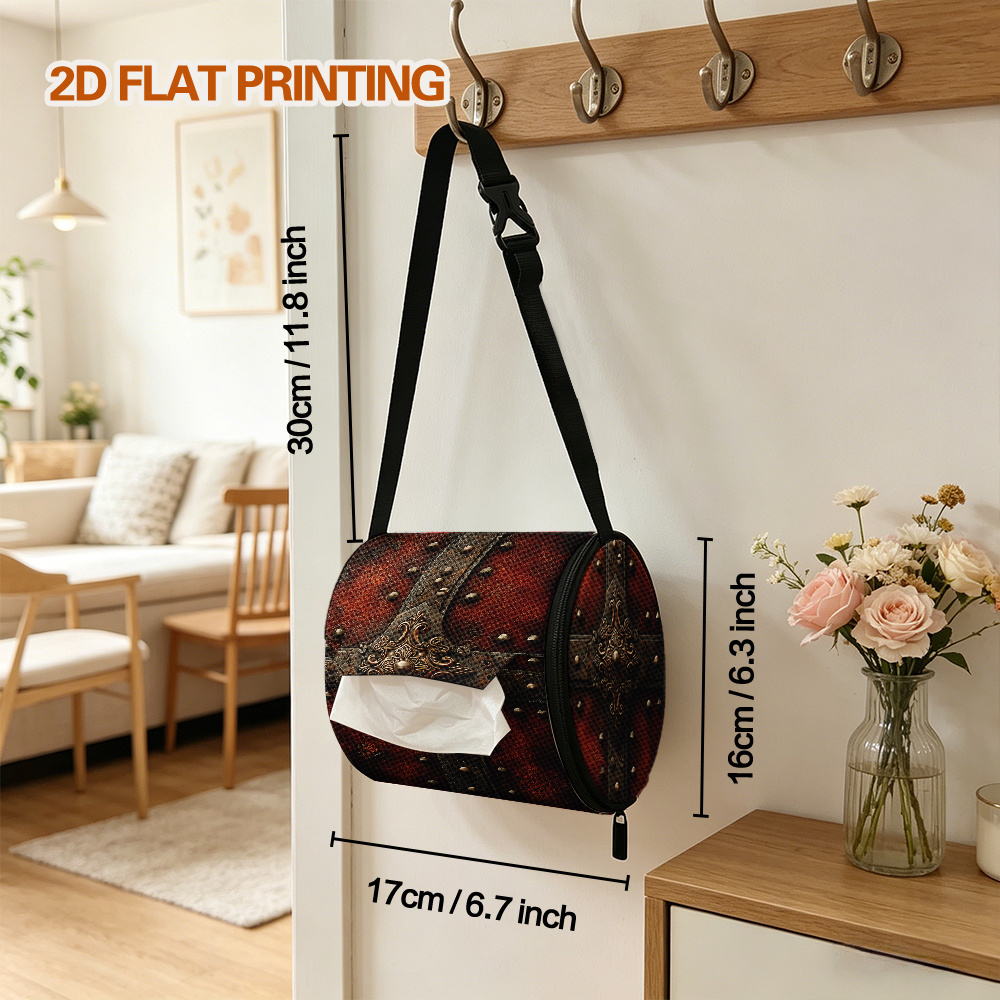 TEMU 1pc Vintage Metal Pattern Toilet Paper Holder Foldable, Paper Towel Holder Tissue Storage Bag With Zippered Travel Toiletry Bag And Adjustable