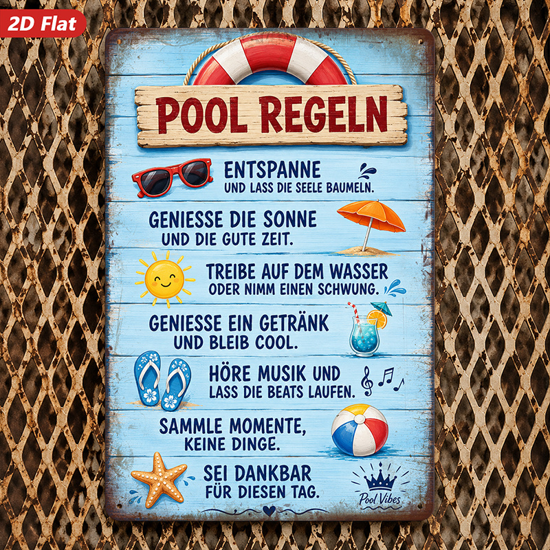 TEMU 2D Flach, . Metallschild Wandkunst, Poolregeln Dekorative Wandkunst, Deutscher Text, Nautische , , für Poolbereich, Terrassenbereiche, Sichere