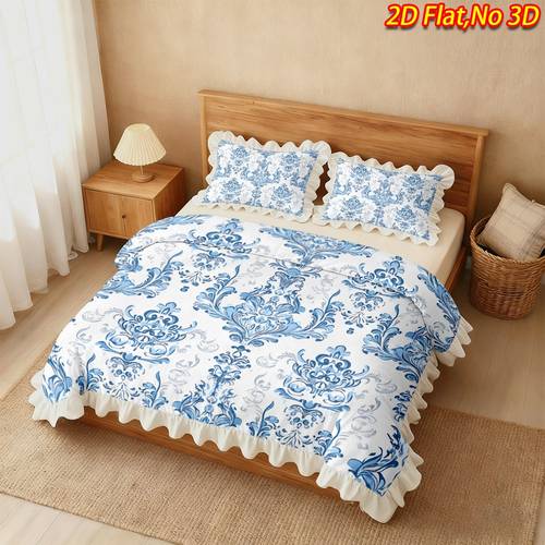 2 3pcs 2d flat printing spring summer new arrival blue and white vintage pattern ruffle design duvet cover set multiple sizes soft and machine washable suitable for bedrooms guest rooms dormitories and guesthouses