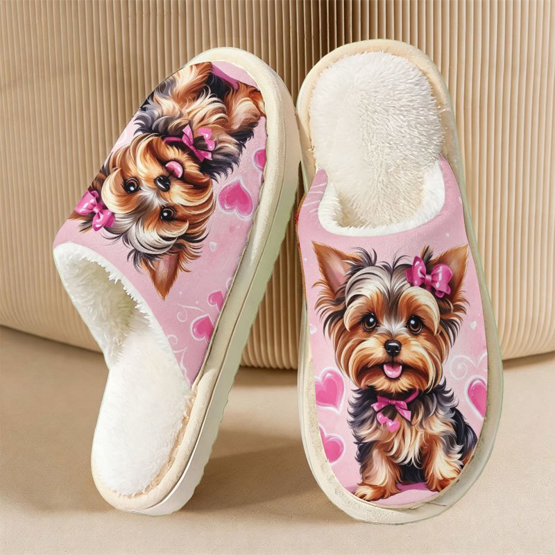 TEMU Women's Slippers For Autumn And Winter, Cute Pink Heart Bow & Yorkshire Terrier Dog Pattern, Couples Matching Home Indoor Slippers With Soft