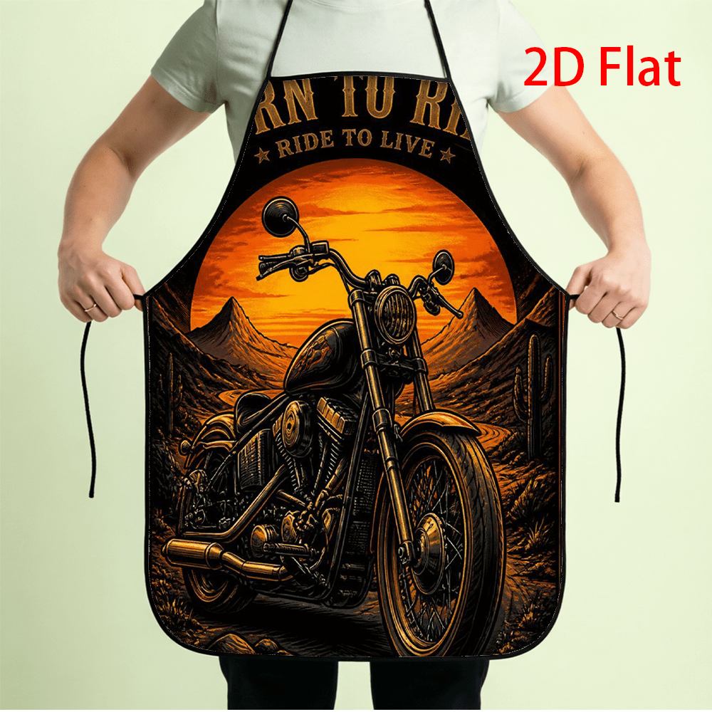 TEMU 1pc Motorcycle-themed Apron With 2d Flat Print Design, Black And Golden Color Scheme, Featuring A Detailed Motorcycle Illustration Against A