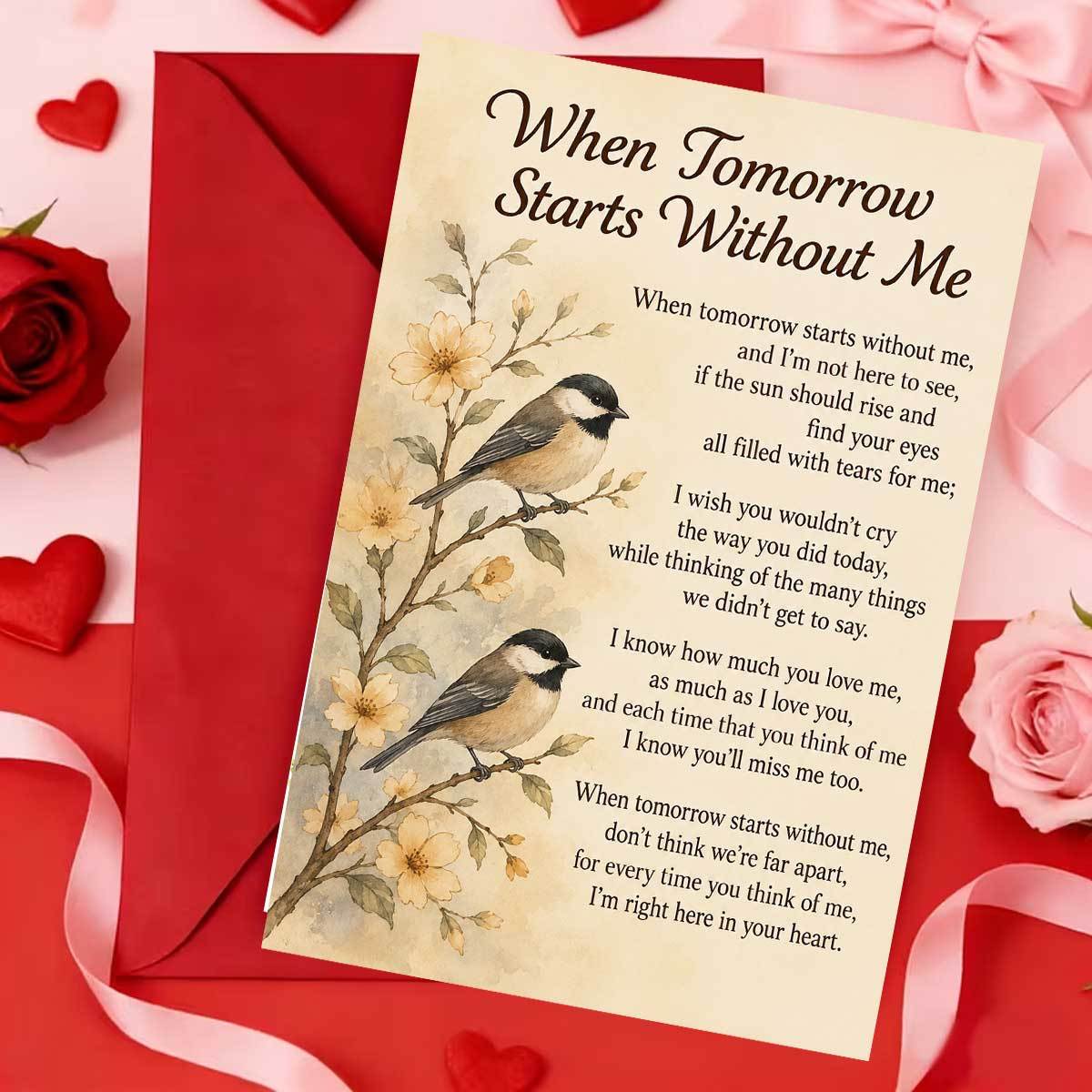 TEMU 1set(an Envelope And A Card) Elegant Watercolor Chickadee Sympathy Card, When Tomorrow Starts Without Me Poem, Birds On Floral Branch, Memorial