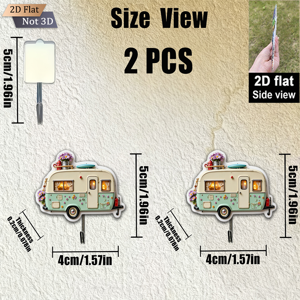 TEMU 2d Flat 2pcs Cute Rv-shaped No-drill Hooks - Acrylic No-drill Hooks, Suitable For Kitchen, Living Room, Bedroom, Bathroom, Etc. As Auxiliary
