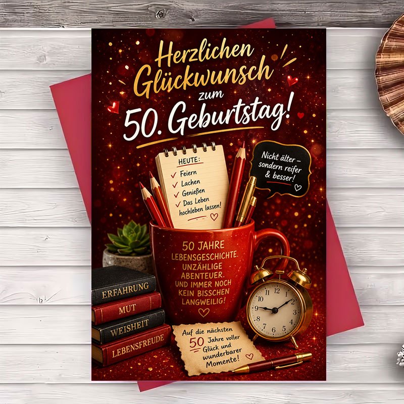 TEMU Ein Umschlag und eine Grußkarte 50. Geburtstag Grußkarte für Männer und Frauen Elegantes goldenes Design Flache Karte für Meilensteinfeier