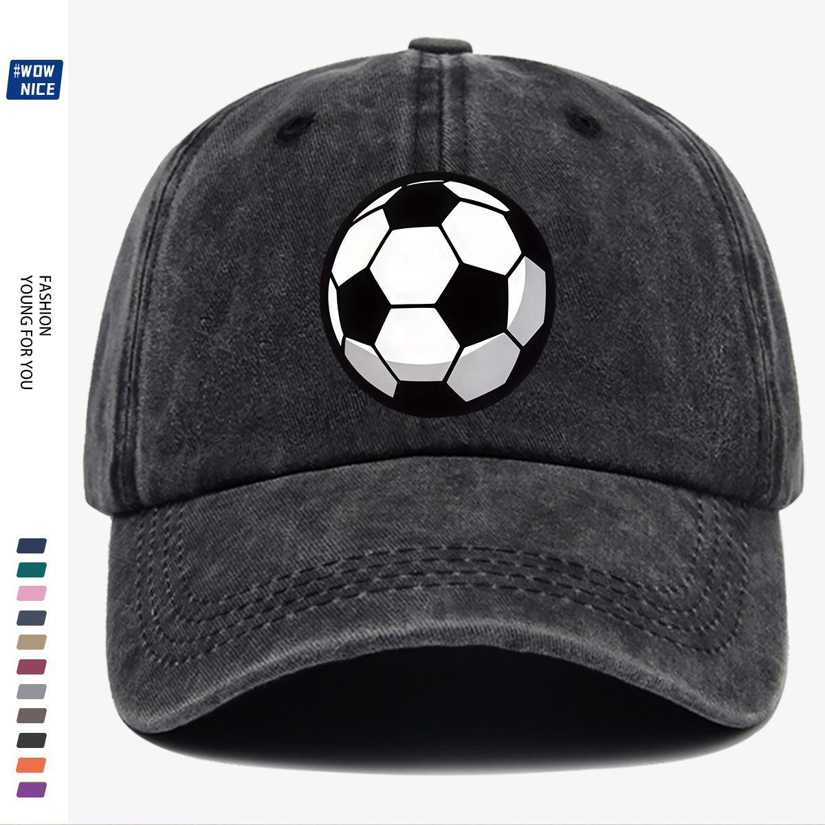 TEMU 1 Casquette de baseball noire et blanche avec imprimé de soccer, chapeau de soleil d'été, coiffure tendance unisexe ajustable, respirante et