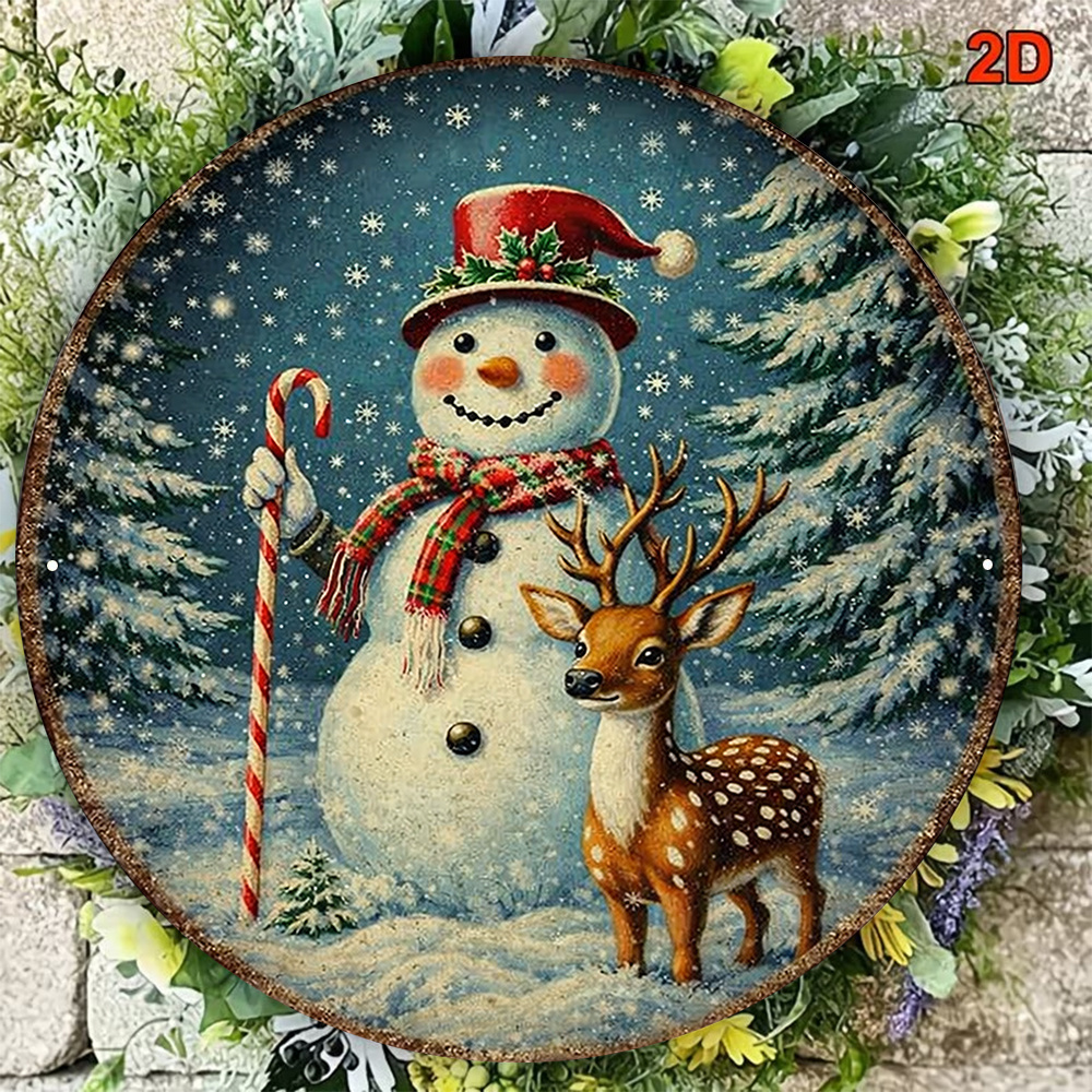 품목 사진 1개 8*8인치/20X20cm 2D 평면 원형 간판, 크리스마스 눈사람 reindeer 빈티지 플래크, 크리스마스 겨울 눈 장면 장식 간판, 크리스마스 장식, 거실 장식 또는 새해 선물로 적합
