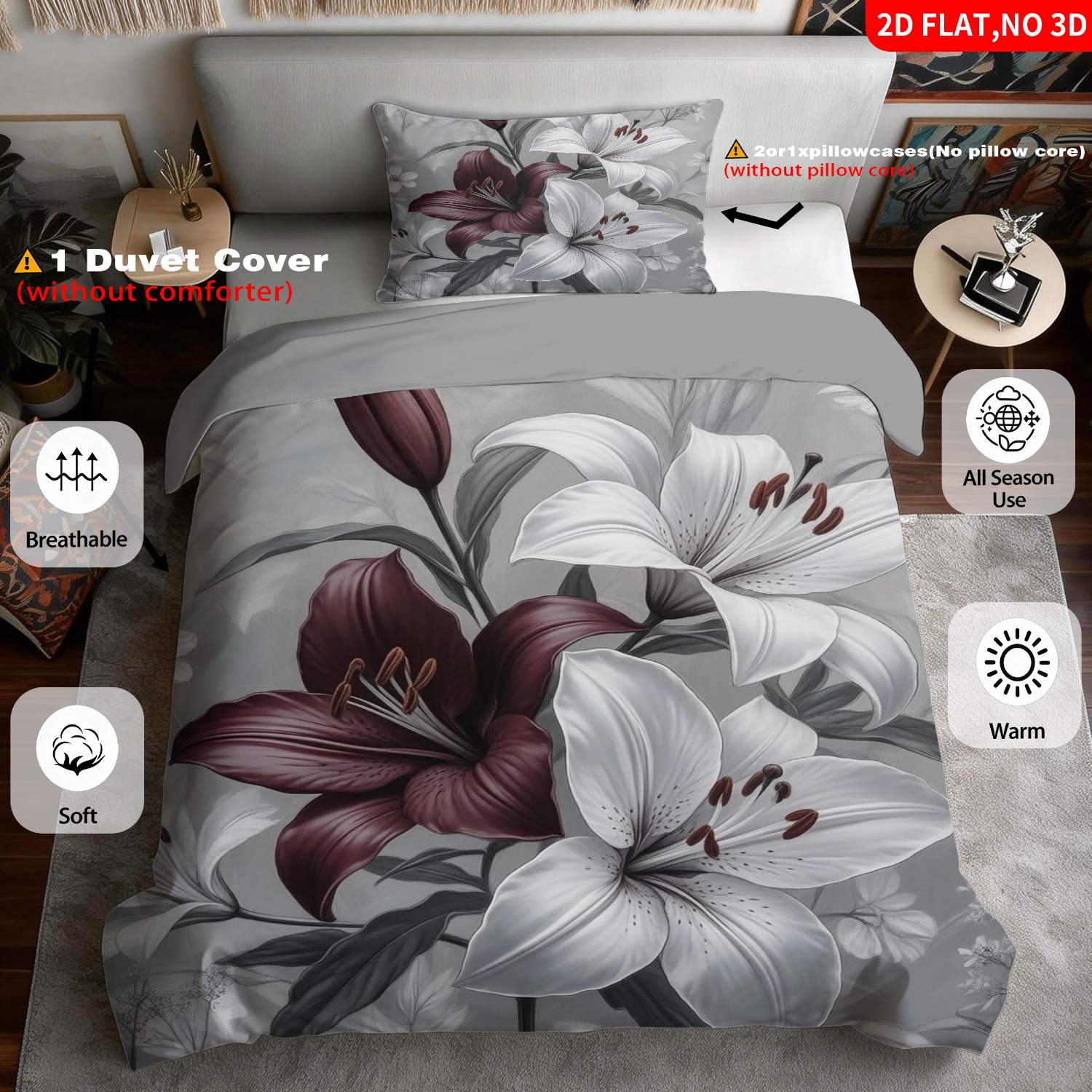 TEMU 2/3pcs 2d Flat Printing Quilt Cover Bedding Gray White Print Pattern Suitable For Multiple Sizes 4 Lining Colors Are Suitable An For Bedroom