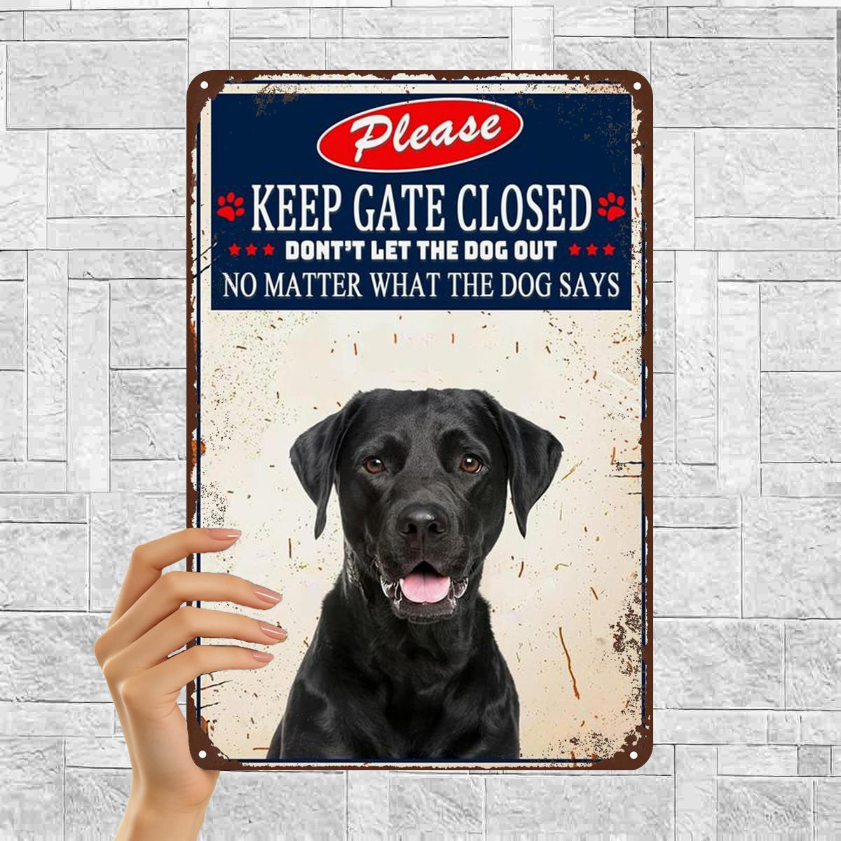 TEMU 2d Flat 1pc, "please Keep Gate Closed - Don't Let The , What The Dog " - Vintage Black Lab Dog Metal Sign For Home Or Garden Decor 8Ã12 Inch