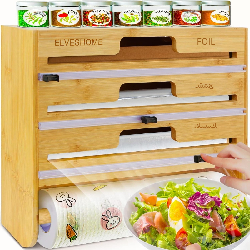 Image of Wall Mounted Foil And Plastic Wrap Organizer, Plastic Dispenser With Paper Towel Holder (for 12-inch Rolls Of Waxed Parchment Paper), Wall Mounted Foil Dispenser For Kitchen Storage