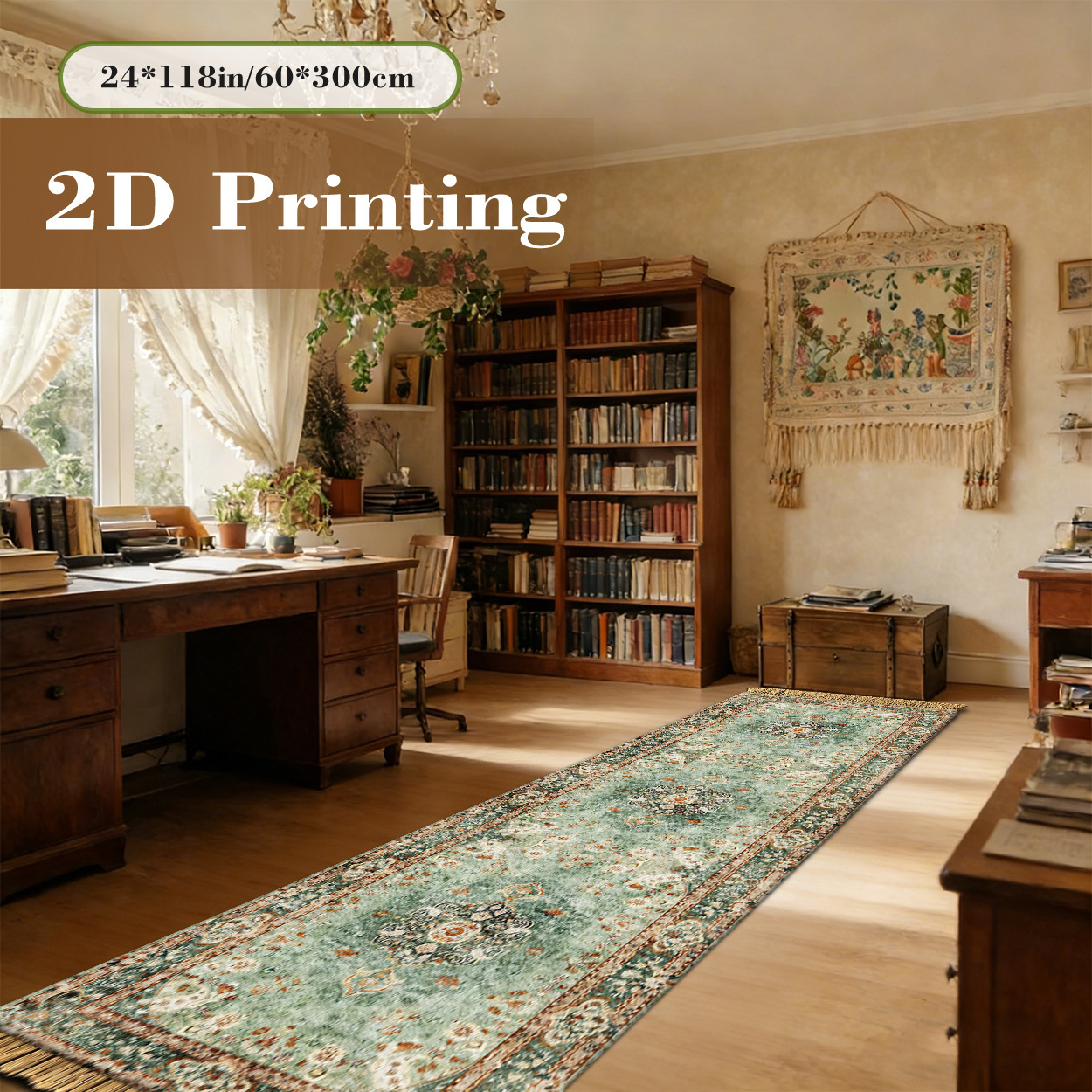 TEMU Soft Plush   Dotted Plastic Non-slip Backing, Tassel Long Runner Rug, And Green Vintage Floral Print Pattern 2d Printed Carpet For Living Room
