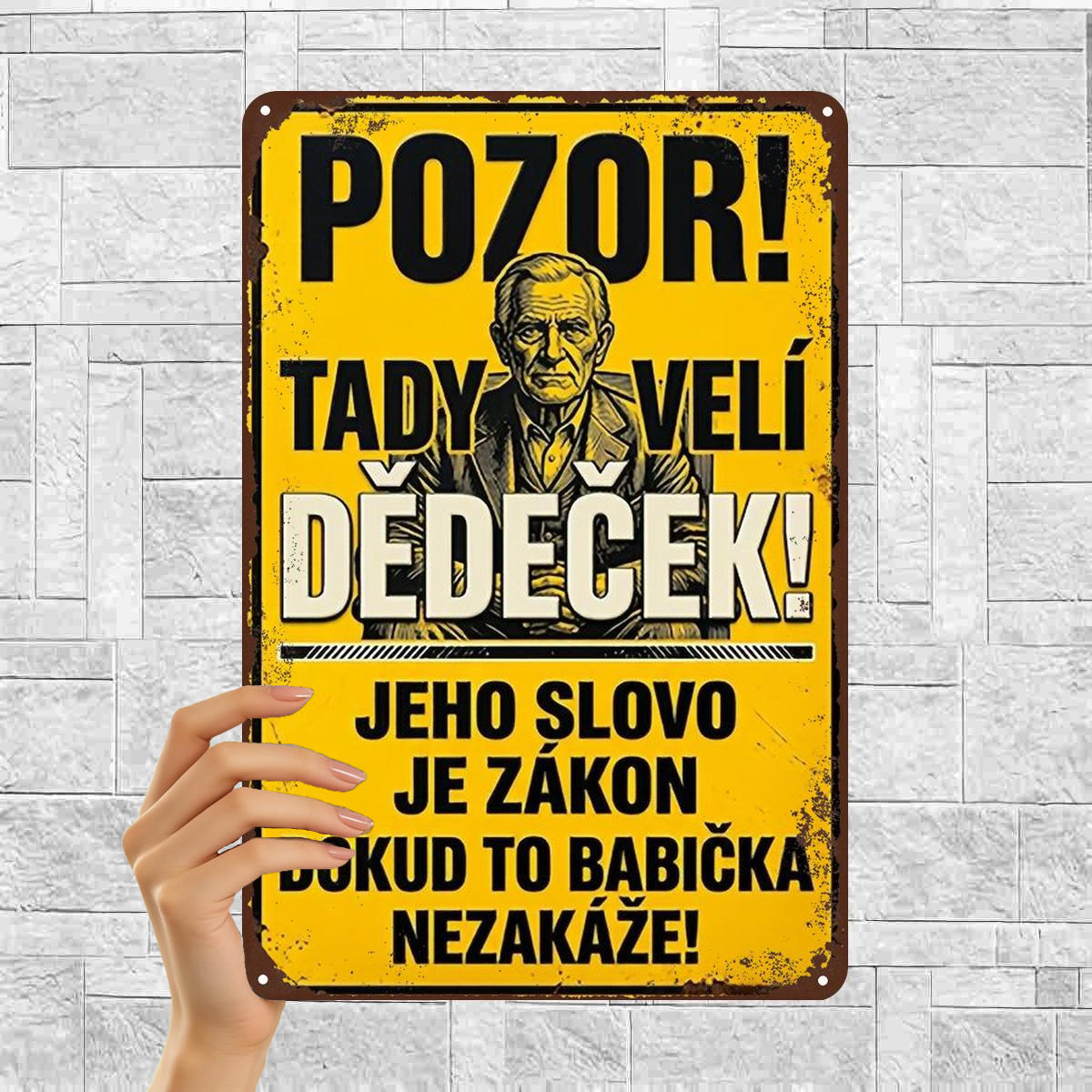TEMU 2d Flat 1pc, Vintage Czech Warning Sign Metal Art - "attention! Here Grandpa! His Word Is Law, Grandma !" Decorative Iron Wall Art For Home Or