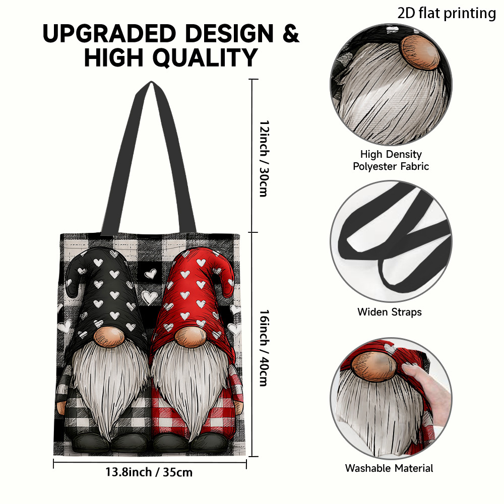 TEMU 1pc Women's Large Reusable Grocery Tote Bag With Gnome & Hearts Print - Durable Suitable For Shopping, Travel,, Picnic - Suitable For Groceries,