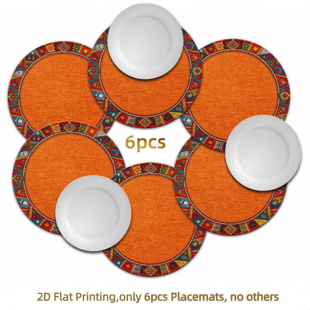 TEMU 6pcs Bohemian Round Placemats Suitable For Home Decor - Non-slip Washable Table Mats With Vintage Patterns, Ethnic Geometric Table Protectors,