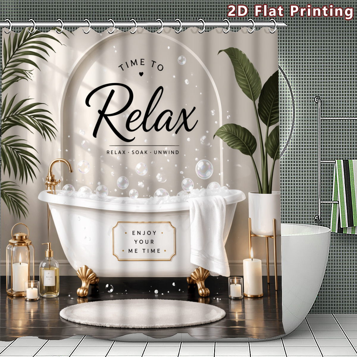 TEMU 2d Flat, 1pc 2d Flat Relax Bathroom Scene Shower Curtain, Bathroom Decor, Options (80x180cm, 120x180cm, 150x180cm, 180x180cm, 180x200cm,