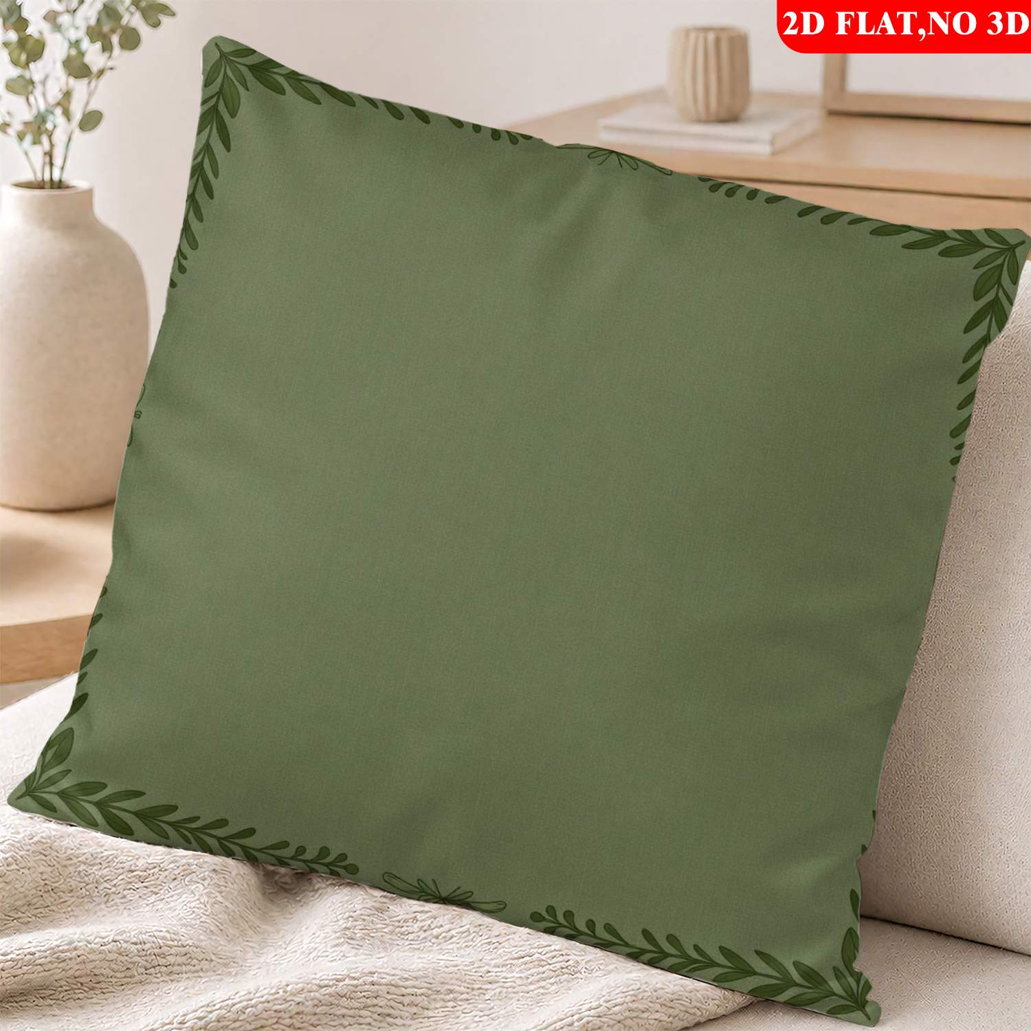 TEMU 1pc Olive Green Leaf Border Throw Pillowcase Suitable For Home Decor, Pattern With Olive Green Botanical Design, Machine Washable Textile For