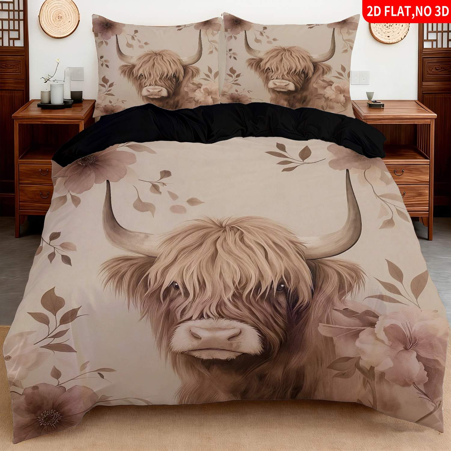 TEMU 2/3pcs 2d Flat Printing Boho Chic Highland Cow Quilt Cover Bedding Beige Floral Pattern With Leaves Suitable For Multiple Sizes 4 Lining Colors
