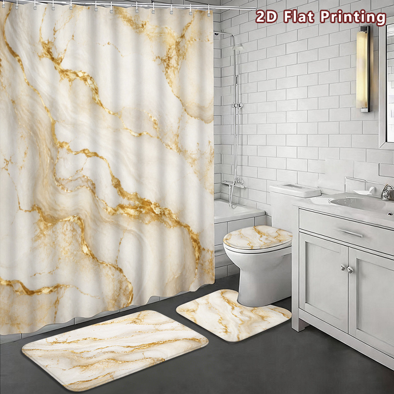 TEMU 2d Flat, 2d Flat 4pcs Shower Curtain Set, White And Bathroom Decor, Accessories With Bath Mat, U - Shaped Mat, Toilet Lid Cover, Shower Curtain