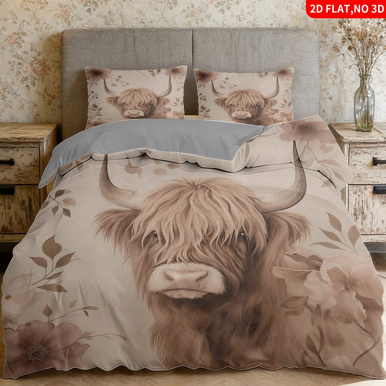 TEMU 2/3pcs 2d Flat Printing Boho Chic Highland Cow Quilt Cover Bedding Beige Floral Pattern With Leaves Suitable For Multiple Sizes 4 Lining Colors