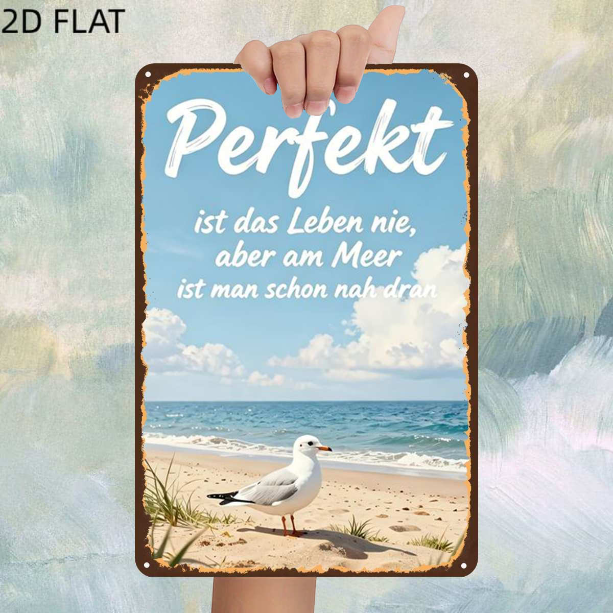 TEMU 2D Flach, ., Retro-Perfektes : Eine ruhige Strandlandschaft mit einem Möwe und inspirierendem deutschem Zitat Metall Eisen Schild, vorgebohrte