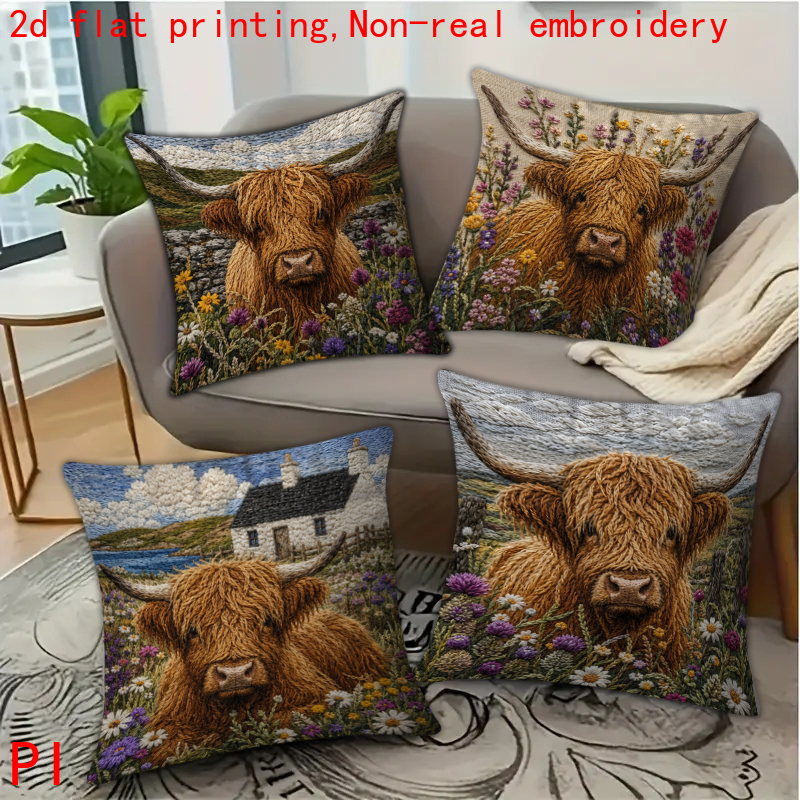 TEMU 2d Flat - 4-pack, 2d Flat Printing, Scottish Highland Cow Floral Landscape Pillowcases, Polyester Material, Multi-sizes, Zipper Closure, Machine