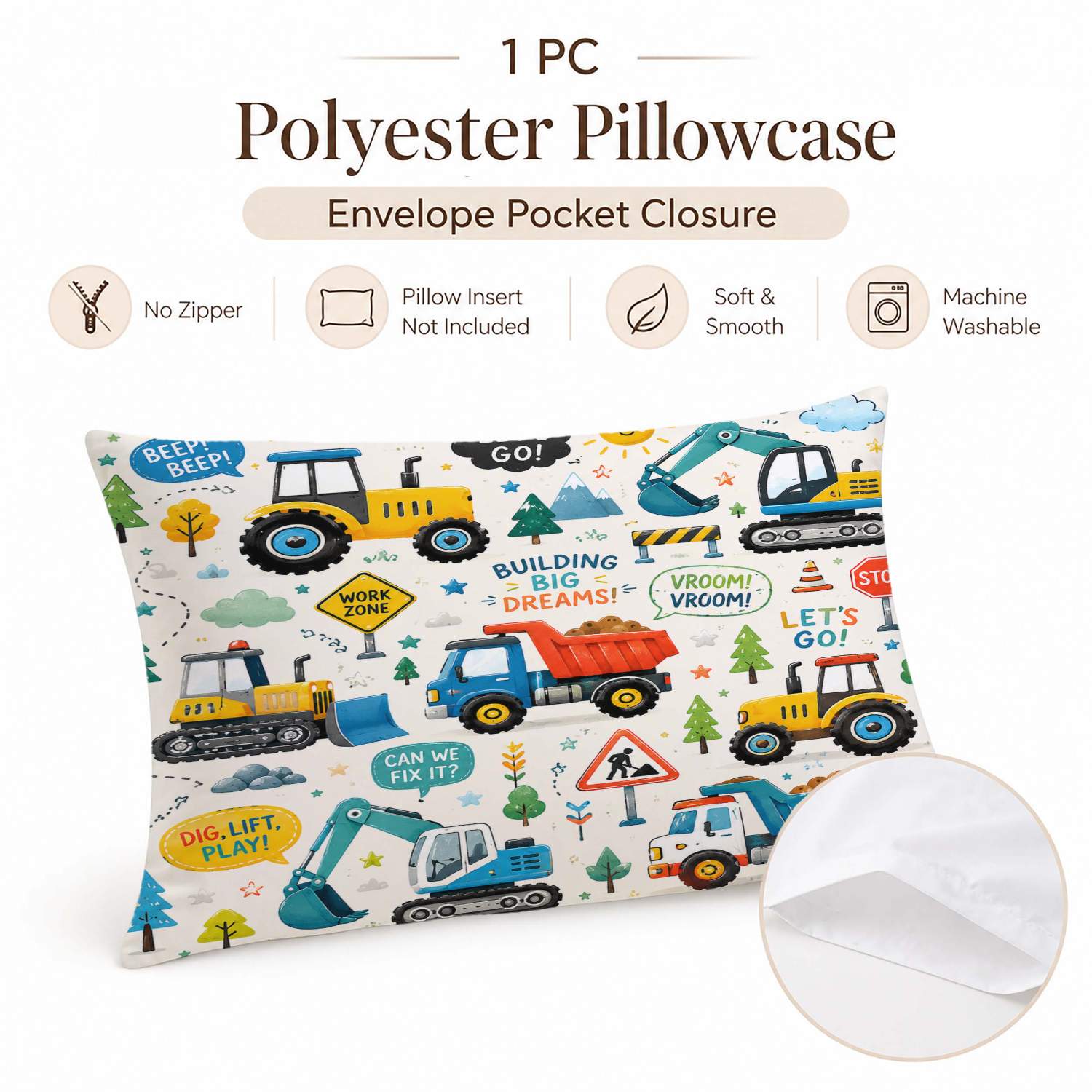 TEMU 1pc Pillowcase (pillow Inserts Not Included) 2d Flat Print Construction Vehicle Theme Colorful Print With Trucks Excavators Tractors Road Signs