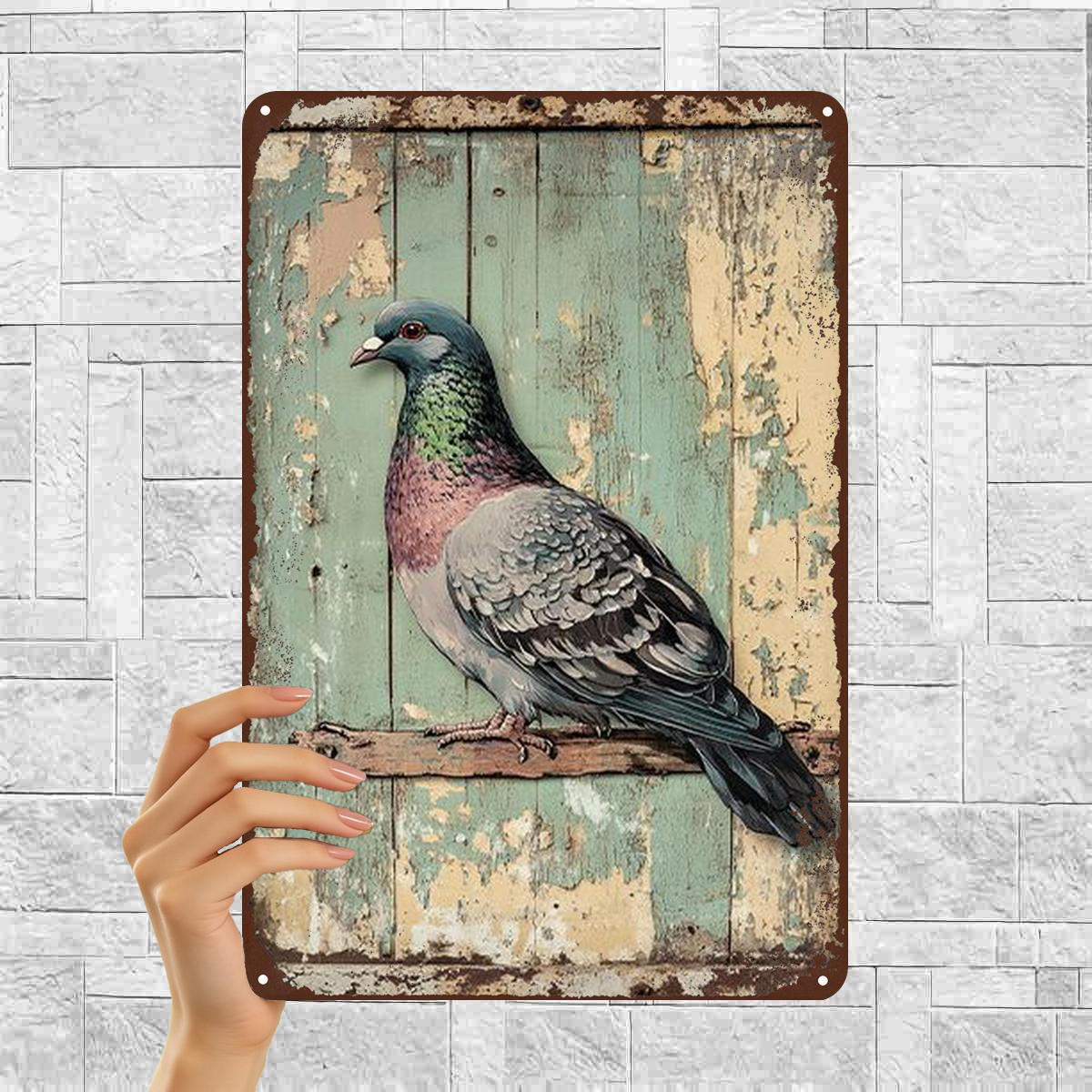 TEMU 2d Flat 1pc, Rustic Metal Art Wall Decor - Vintage Pigeon On Background 8×12 Inch