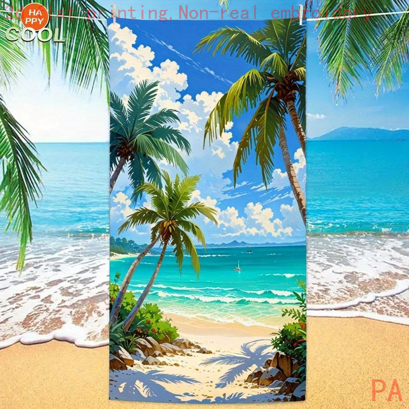 2D Ploščat - 2D Ploščat - 1 kos, 2D Ploščat Tisk, Sveža Tropska Plaža z Palmami Brisača, Vpojna in Hitro Sušeča Prenosna Brisača za Plažo,