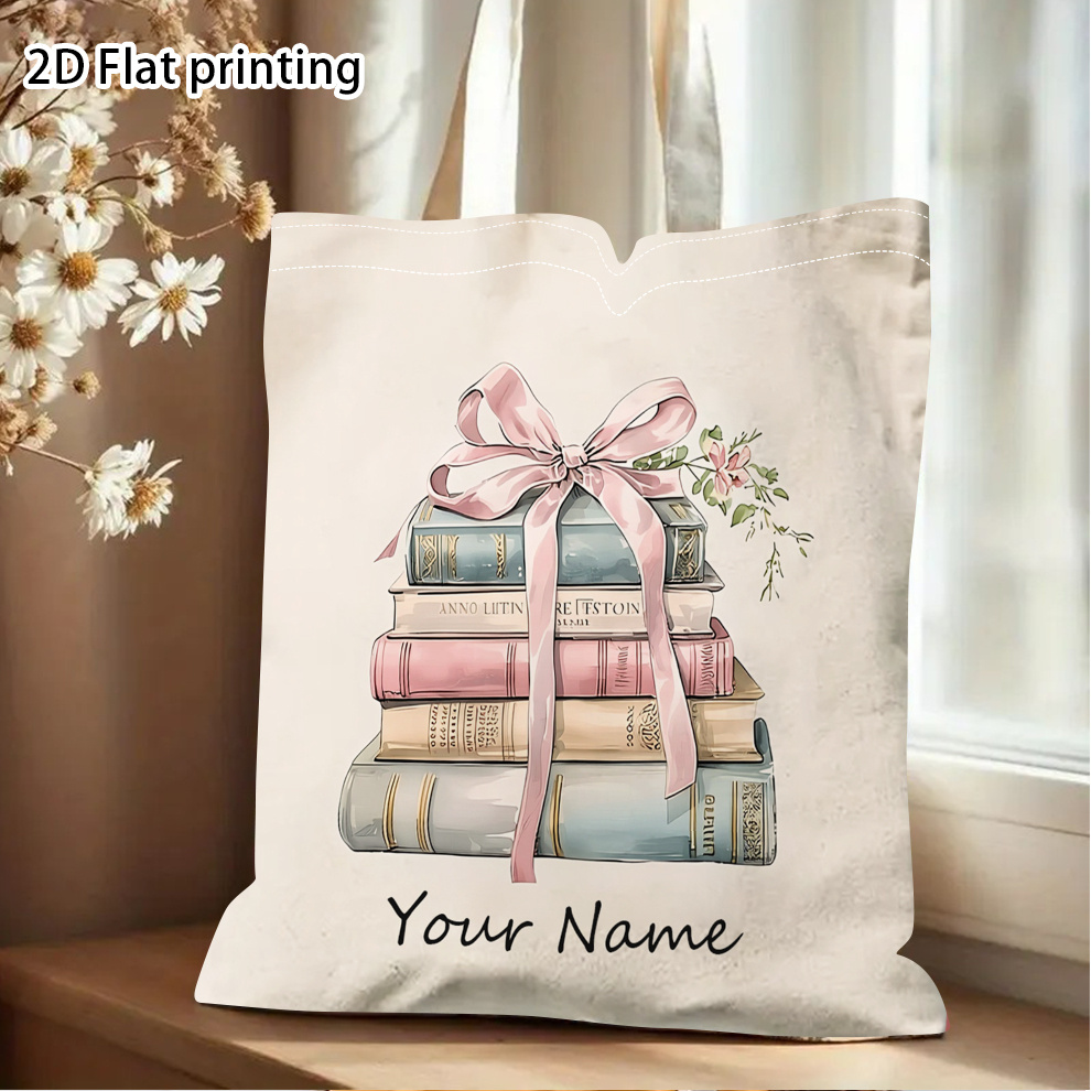 TEMU 1pc Personalized Name/text Tote Bag - Large Capacity Foldable Book & Bag With Name/text Printing, Suitable For, Shopping, Travel, Book-themed