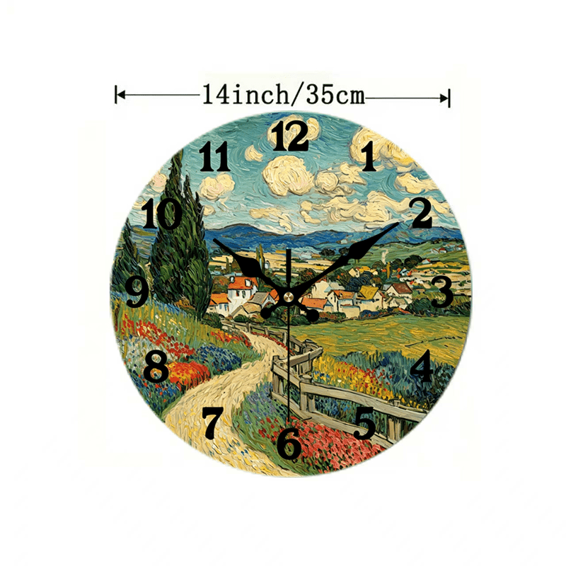 TEMU 2d Flat. 1pc, Van Gogh Wooden Wall Clock Silent Round , Perfect Decor For Bedroom, Living Room, Office, Kitchen, And Bathroom, 12-inch (aa