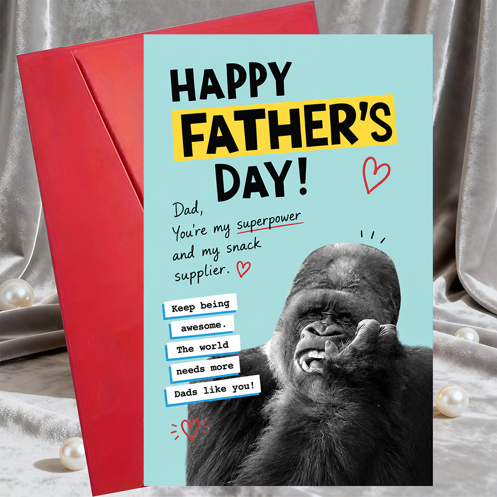 TEMU 1 Greeting Card + 1 Envelopefunny Gorilla Father Day Greeting Card For Dad Best Gift For Birthday And Holiday Celebration Flat Paper Card For