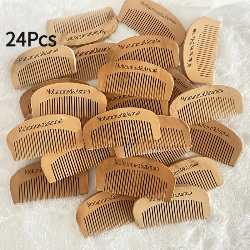TEMU 24 stuks Aanpasbare Houten Haar- en Baardkam - Fijne Tanden Zakformaat Gepersonaliseerd Logo Ontwerp, Houten Uiteinde Geschikt voor Haartypes,