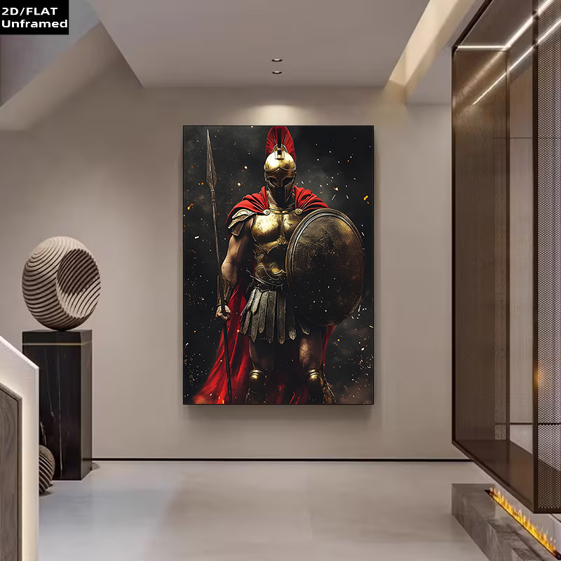 item picture 2d flat 2d flat 1pc handheld spear red cape golden   ancient greek warrior pattern 2d flat frameless canvas art large size 31 5   24 80 x 120cm suitable for   gaming room as   individual retro wall decor
